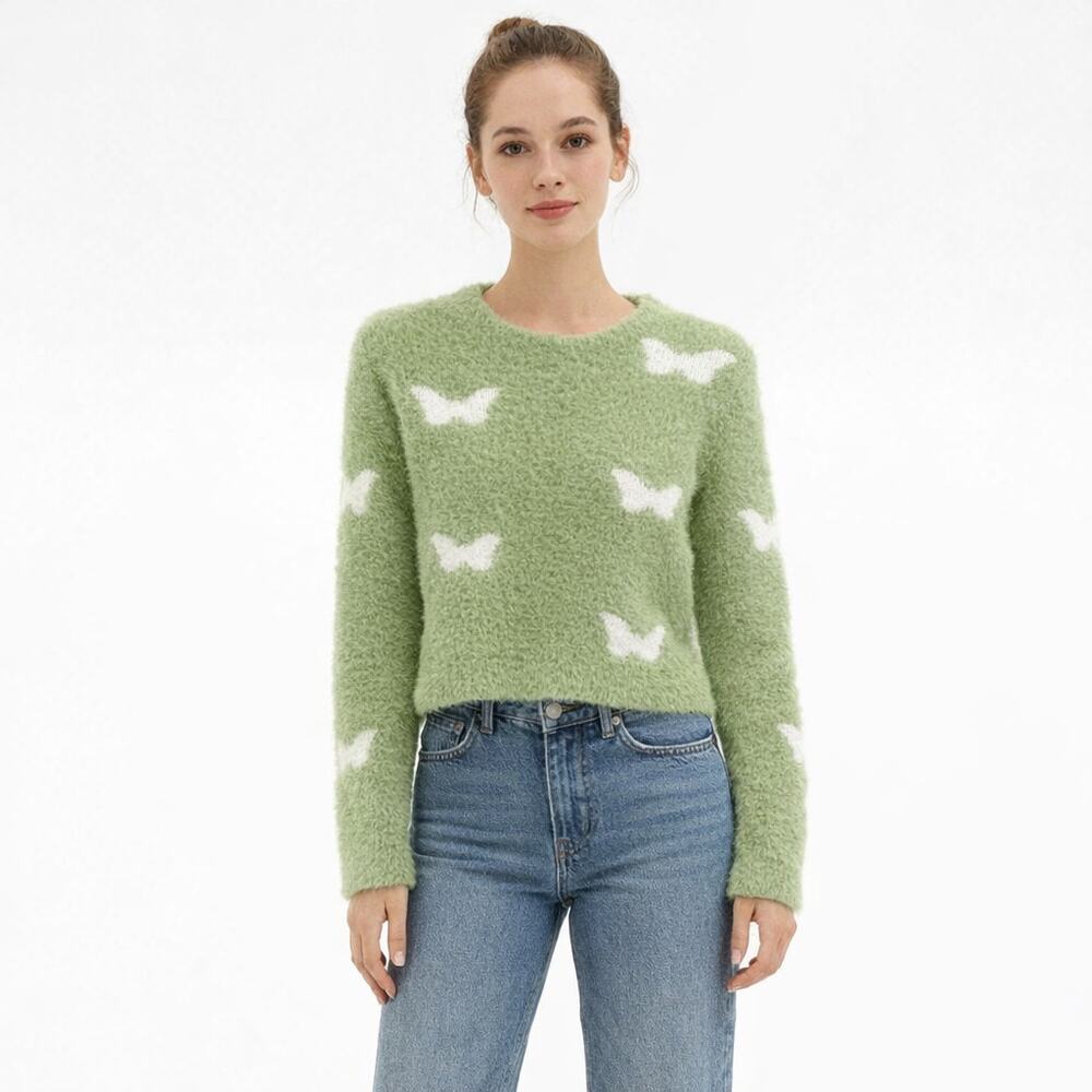 Coco and Shay Green Shag Pullover Sweater Butterflies Size XS